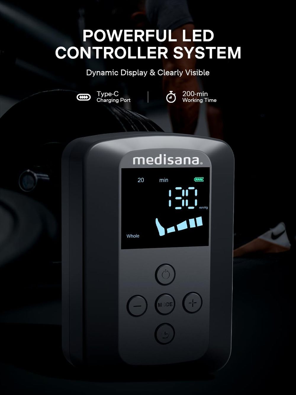Medisana leg massager applies targeted pressure to upper and lower thigh zones