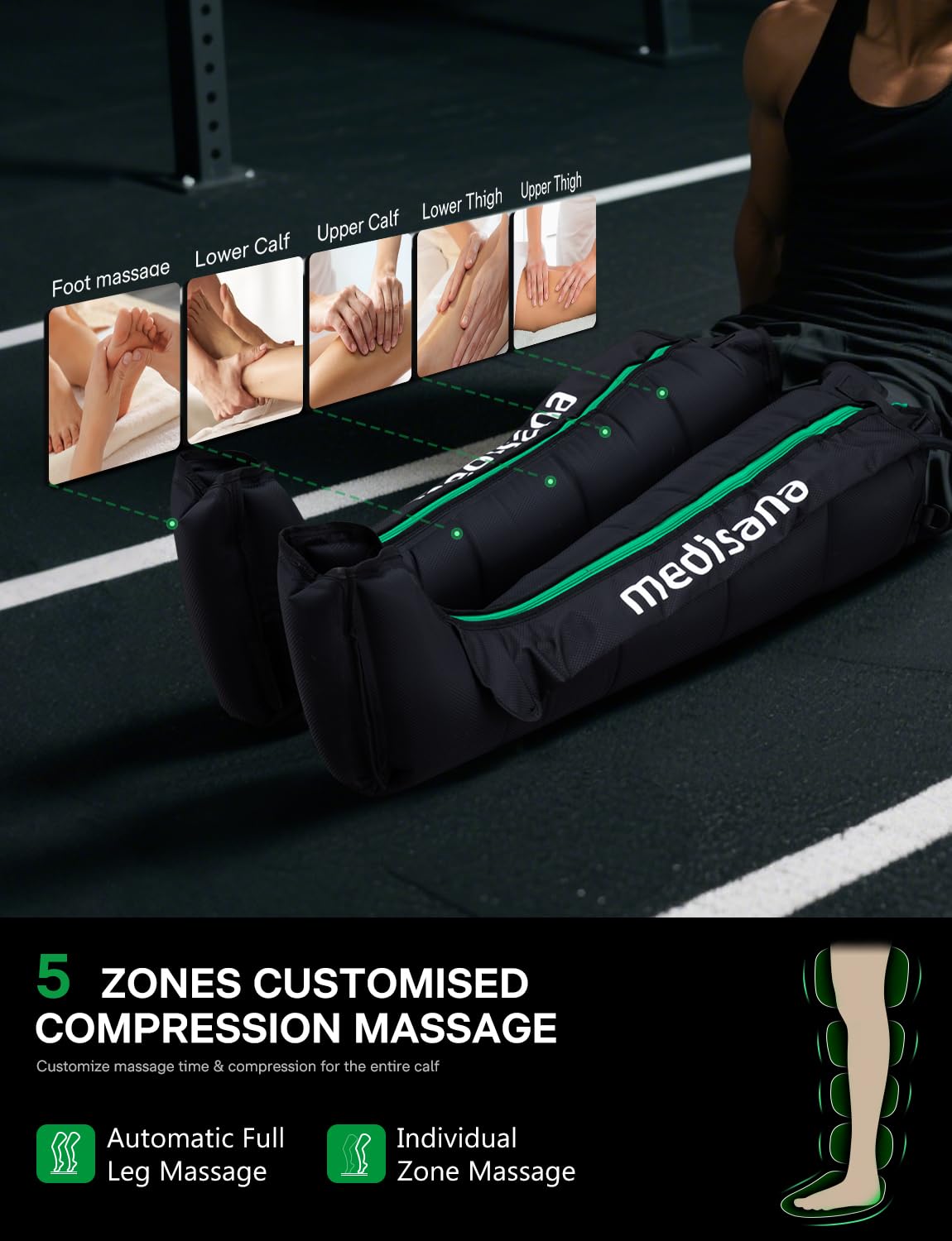 LCD display shows mode and intensity on the Medisana leg massager.