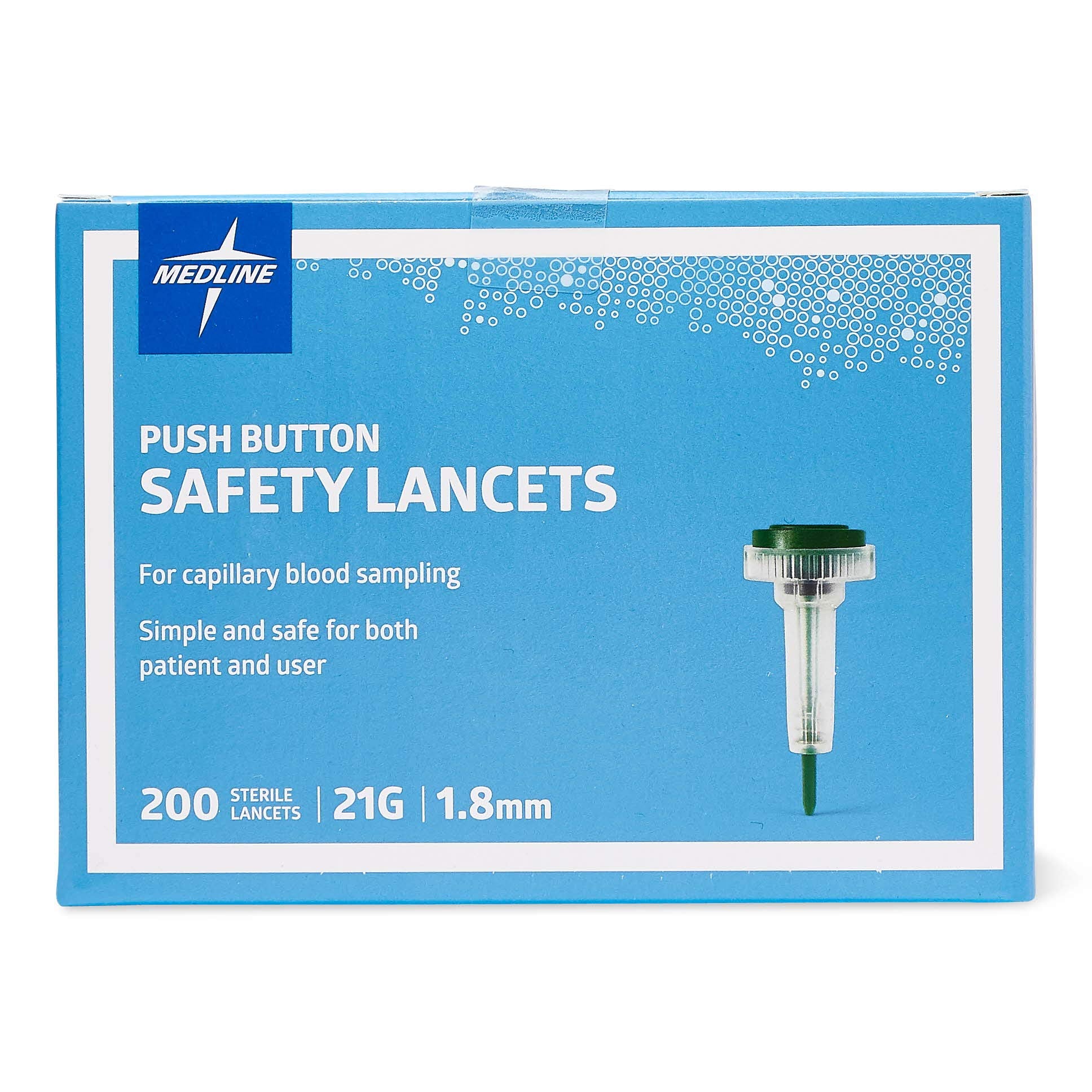 Medline 21G 1.8mm lancet showing spring-loaded action for smooth puncture.
