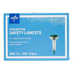 Medline 21G 1.8mm lancet showing spring-loaded action for smooth puncture.