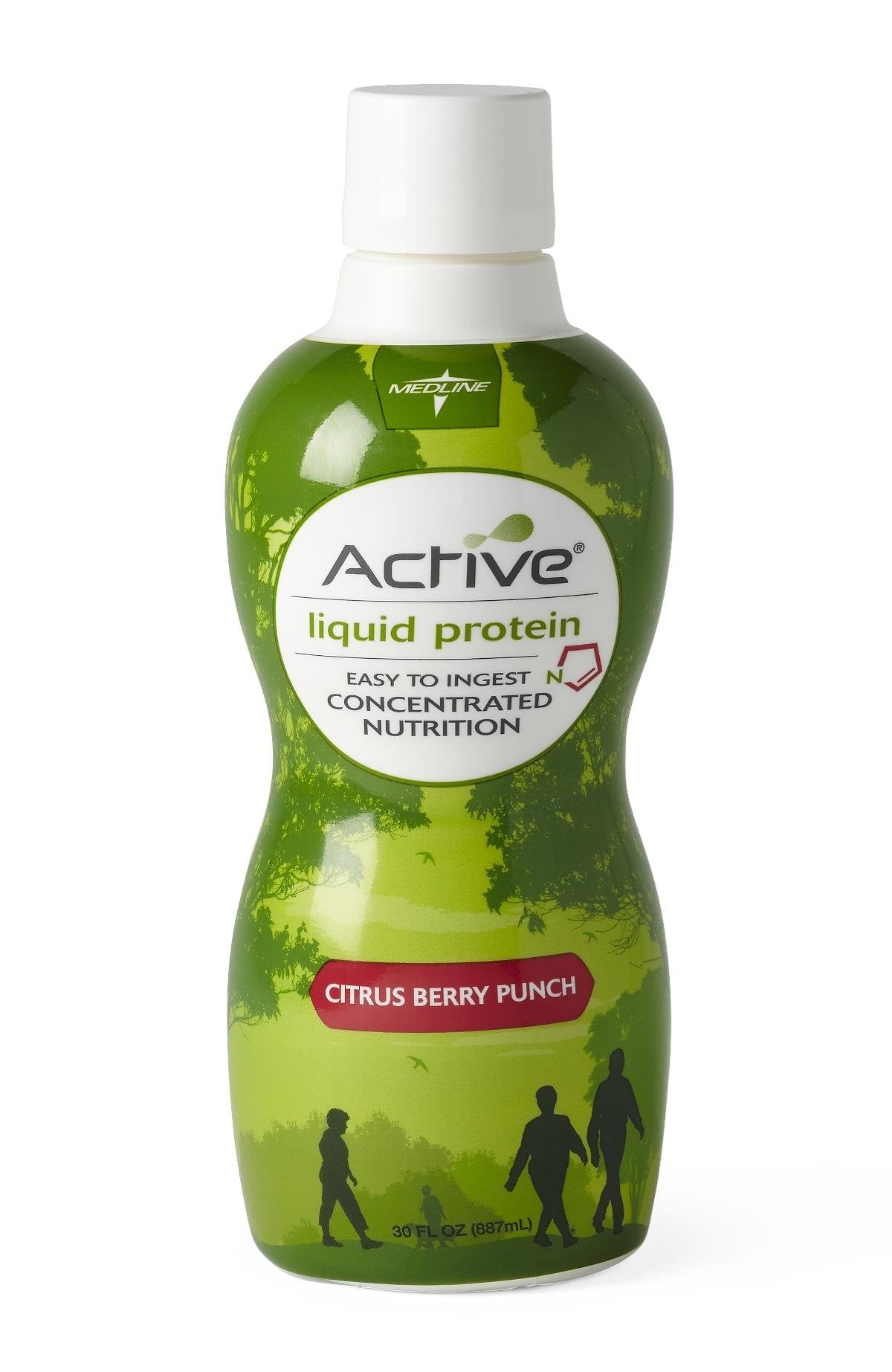 Medline Active Liquid Protein Citrus Berry Punch bottle pouring for easy protein supplementation