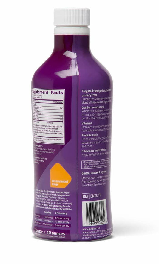 Medline Cranberry+ 30 oz bottle shown for easy direct or mixed consumption.
