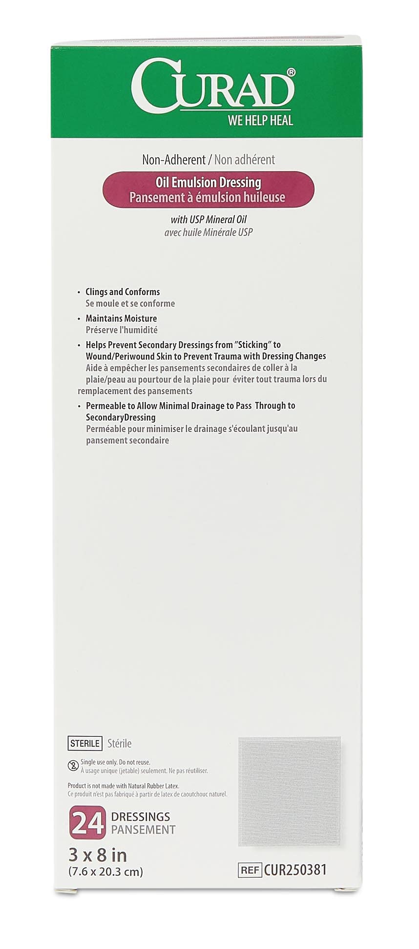 Medline CURAD Oil Emulsion Dressing 3x8 non-adherent gauze on wound bed and dressing