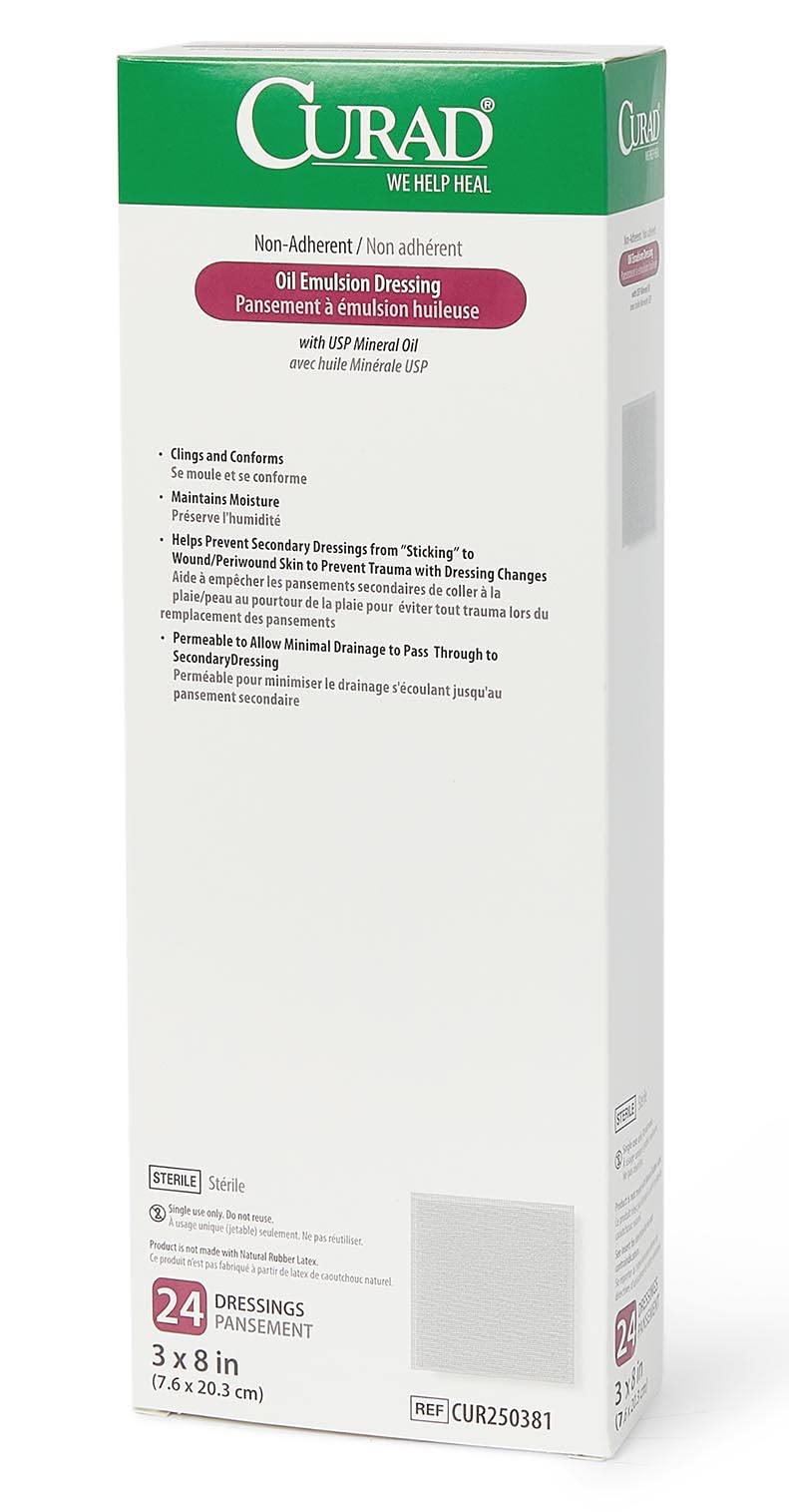 Medline CURAD Oil Emulsion Dressing showing sterile petrolatum emulsion layer