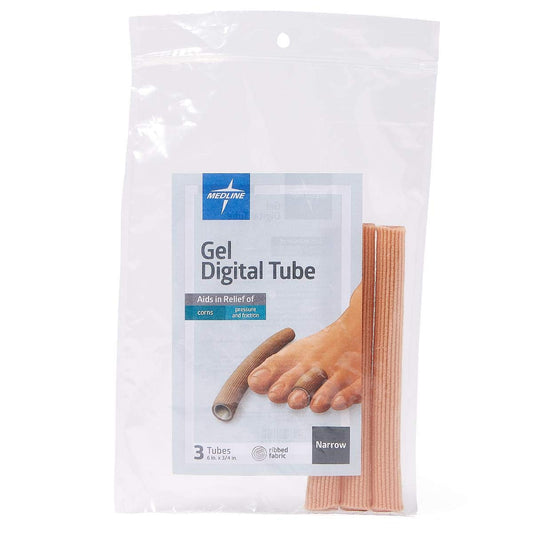 Medline Gel Ribbed Digital Toe Tube in full view showing the narrow design for toes