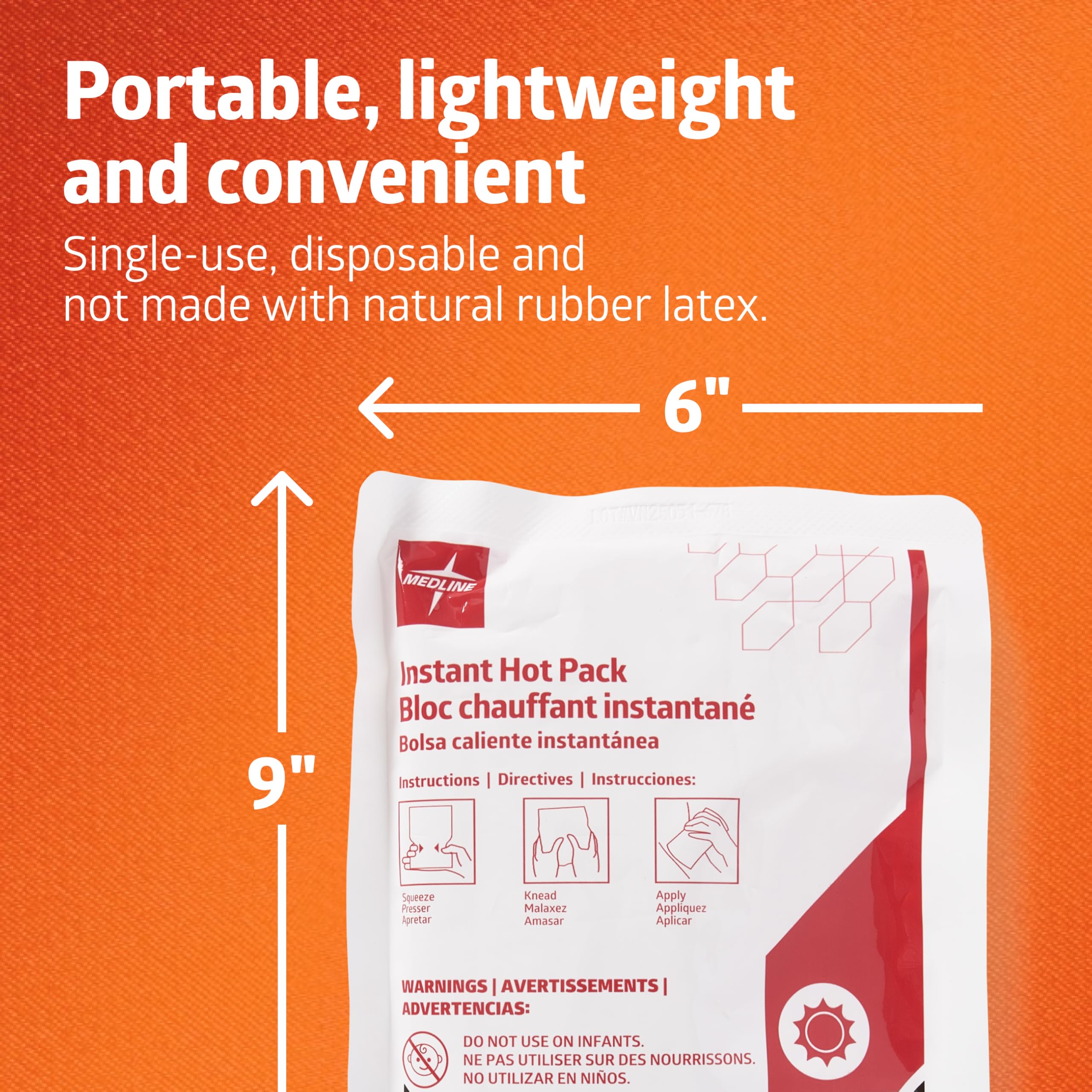 Medline Instant Hot Pack 110°F temperature label indicates safe direct-skin use