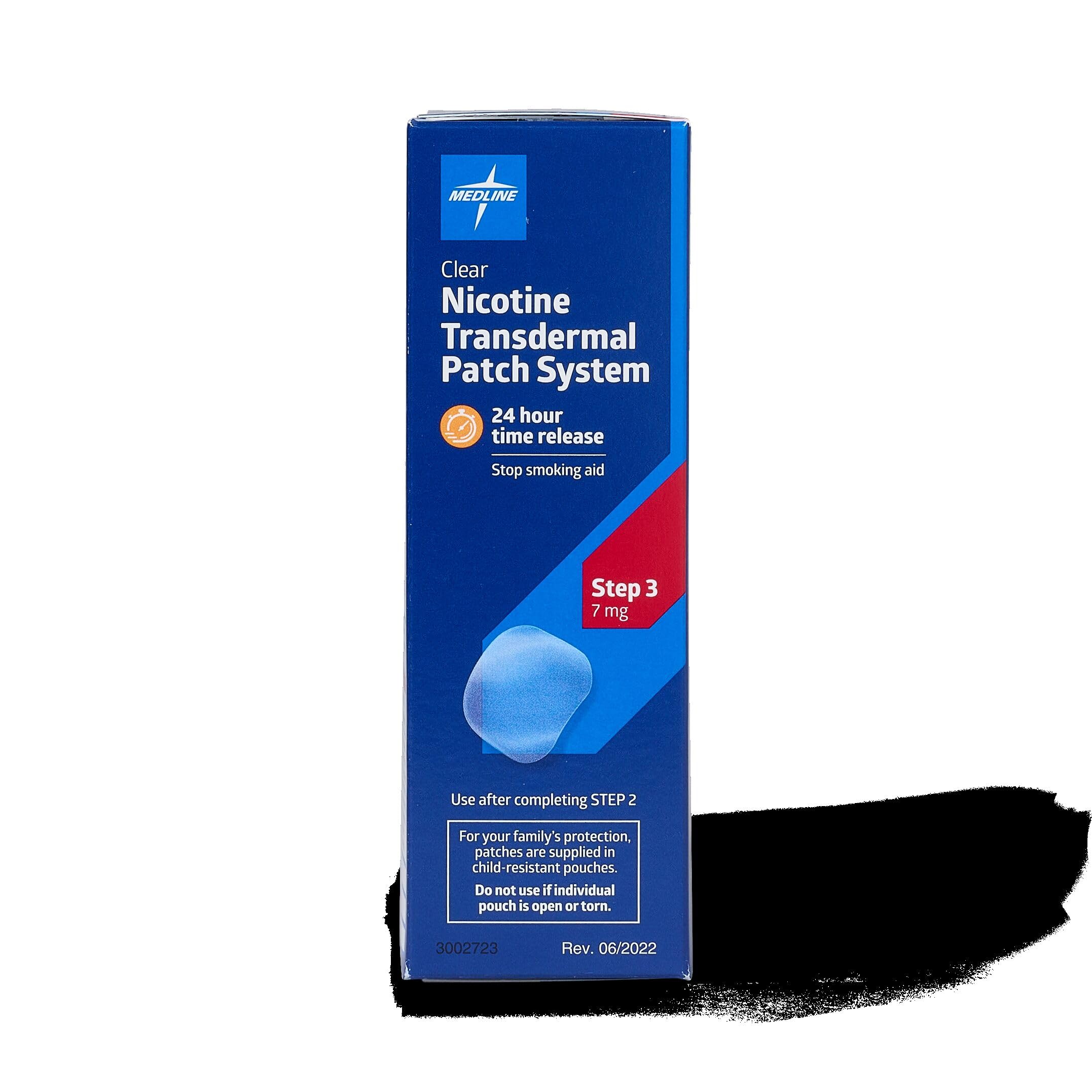 Medline Step 3 patch packaging inside a 24-box case shown.