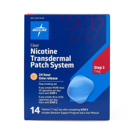 Medline Step 3 nicotine patch pack front view shows 7 mg strength.