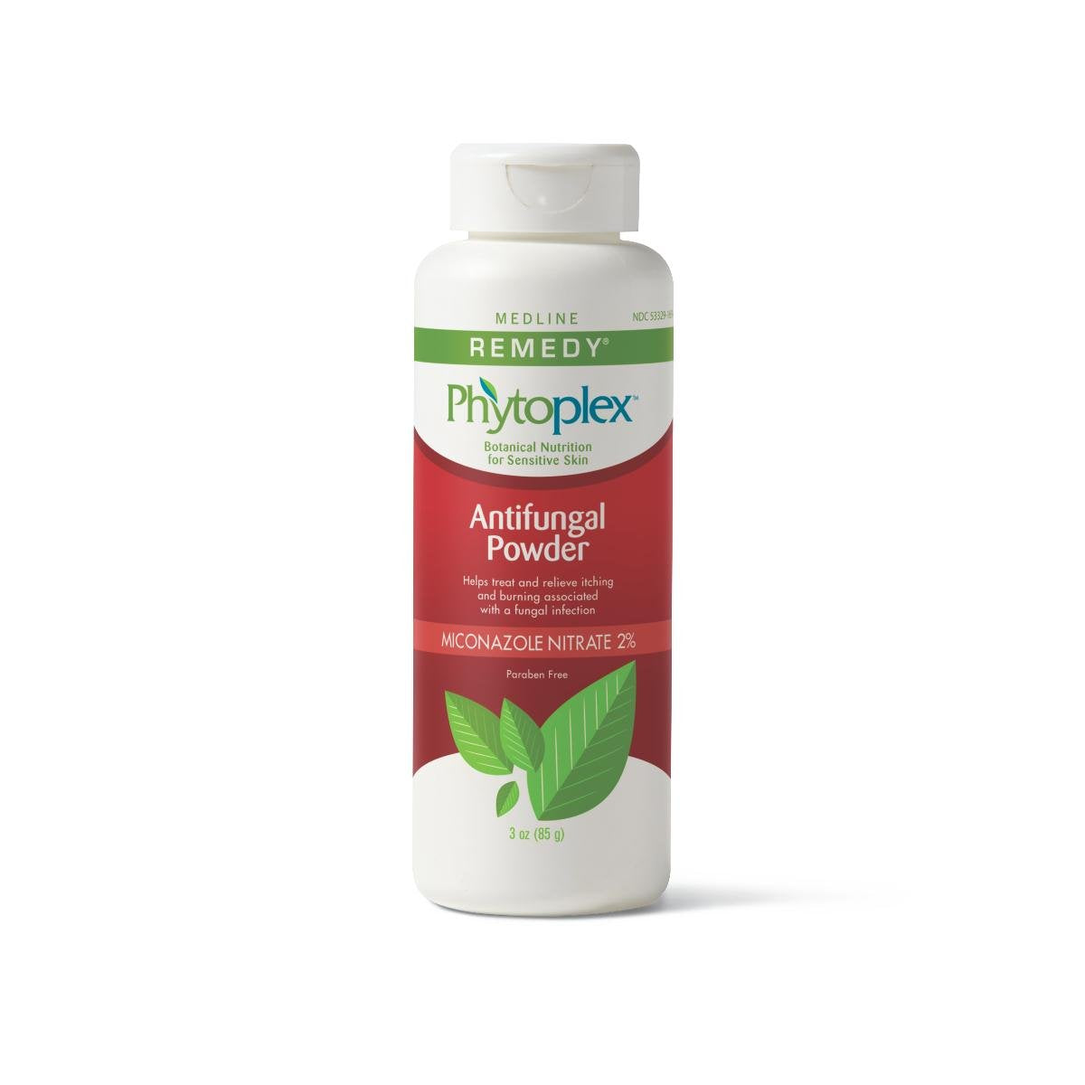 Medline Phytoplex antifungal powder bottle shows talc-free formula helps keep feet dry and comfortable.