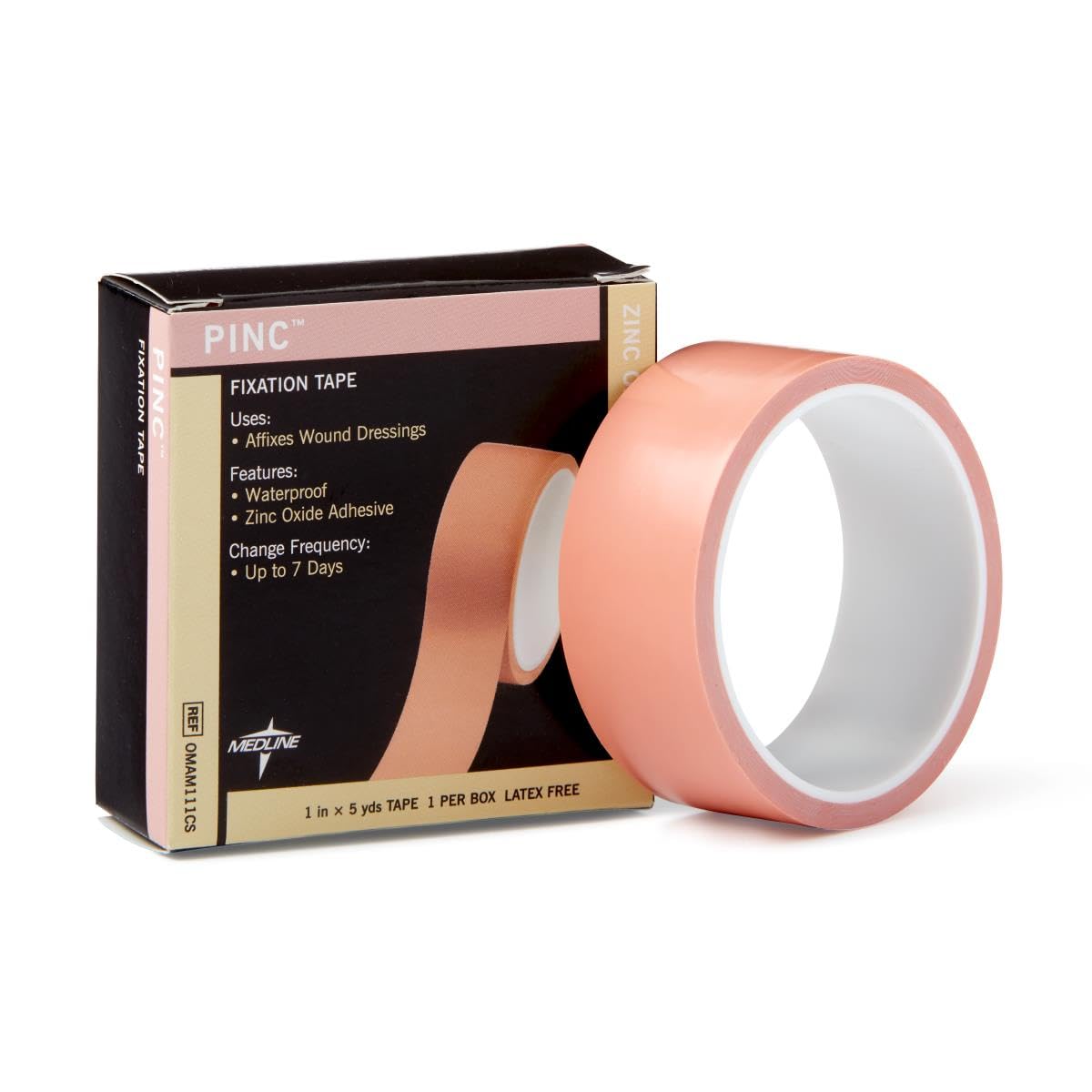 Medline Pinc zinc oxide fixation tape roll showing secure adhesion on delicate skin.