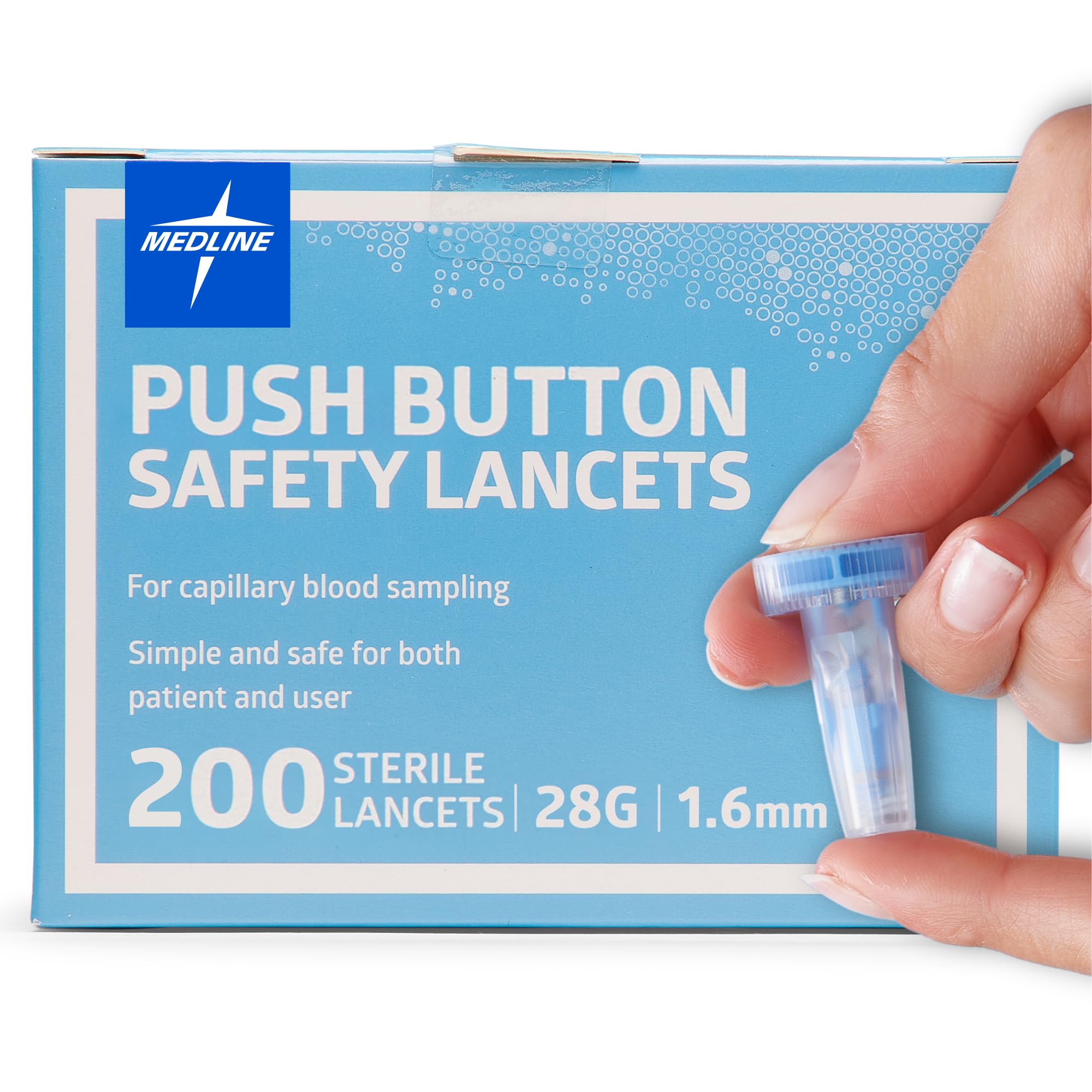 Medline safety lancets with push-button activation for quick, comfortable sampling.