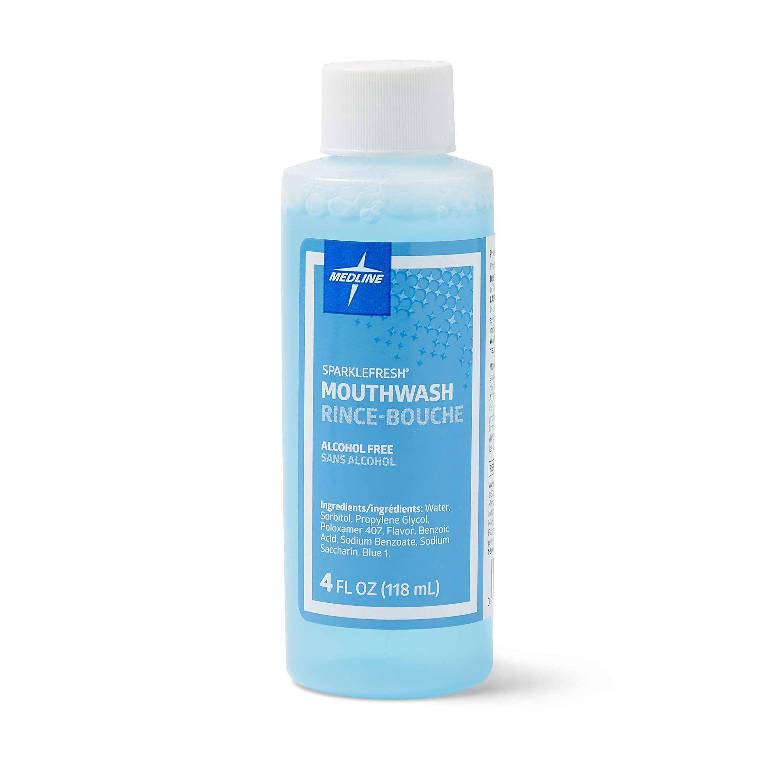 Medline SparkleFresh mouthwash bottle, 4oz, promotes fresh breath and gentle care for sensitive gums.