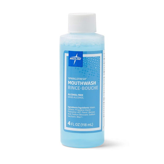 Medline SparkleFresh mouthwash bottle, 4oz, promotes fresh breath and gentle care for sensitive gums.