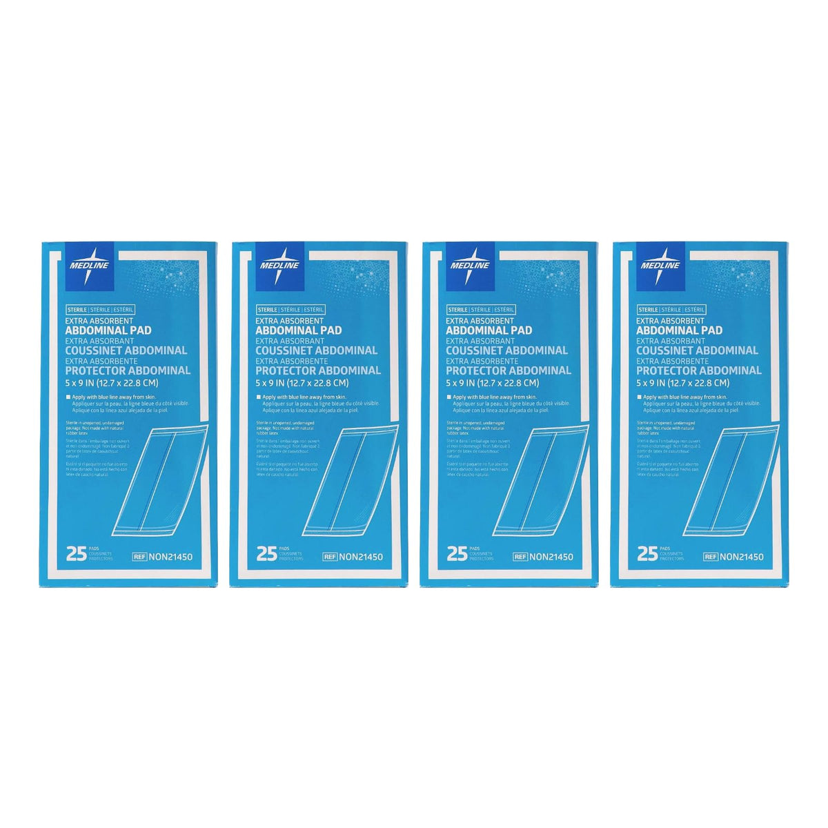Medline sterile abdominal pad 5x9 closeup showing absorbent core for fluid capture