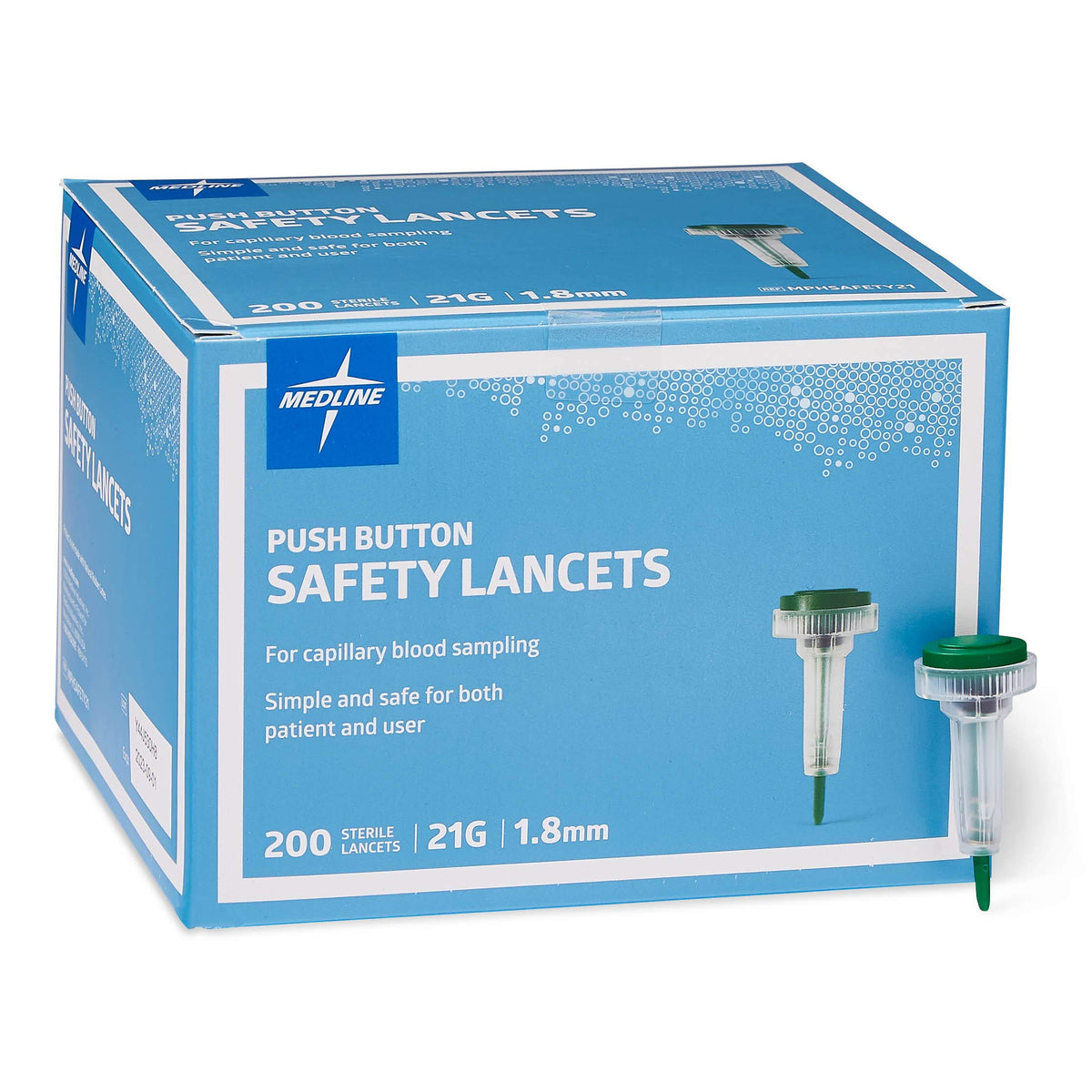 Medline sterile safety lancets with push-button activation for safe blood sampling.