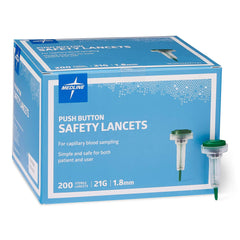 Medline sterile safety lancets with push-button activation for safe blood sampling.
