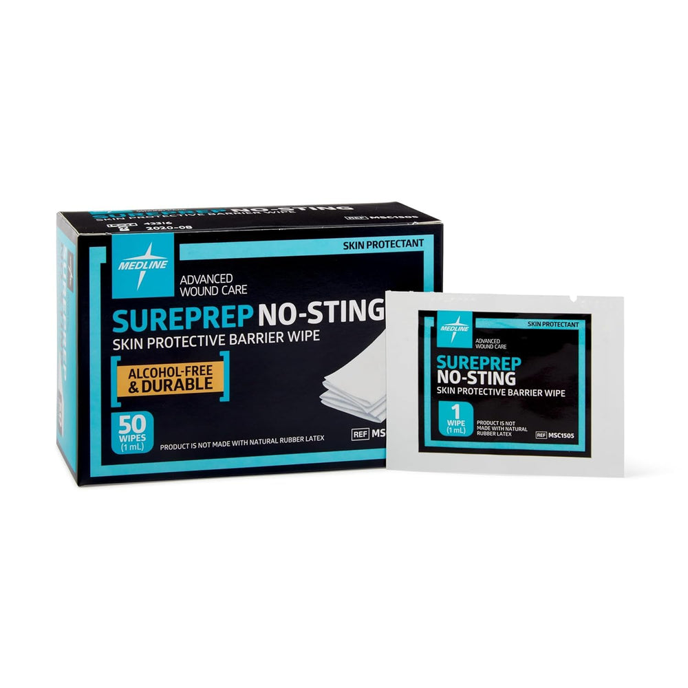 Medline SurePrep No-Sting wipe leaves quick-drying, non-greasy barrier film.
