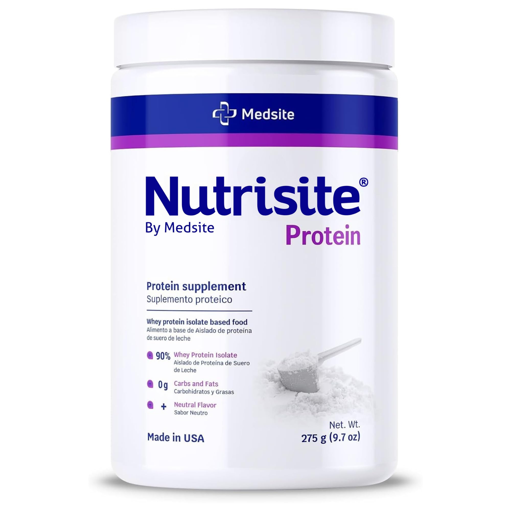 Medsite Nutrisite unflavored whey protein bottle showing clean zero carb nutrition for daily use