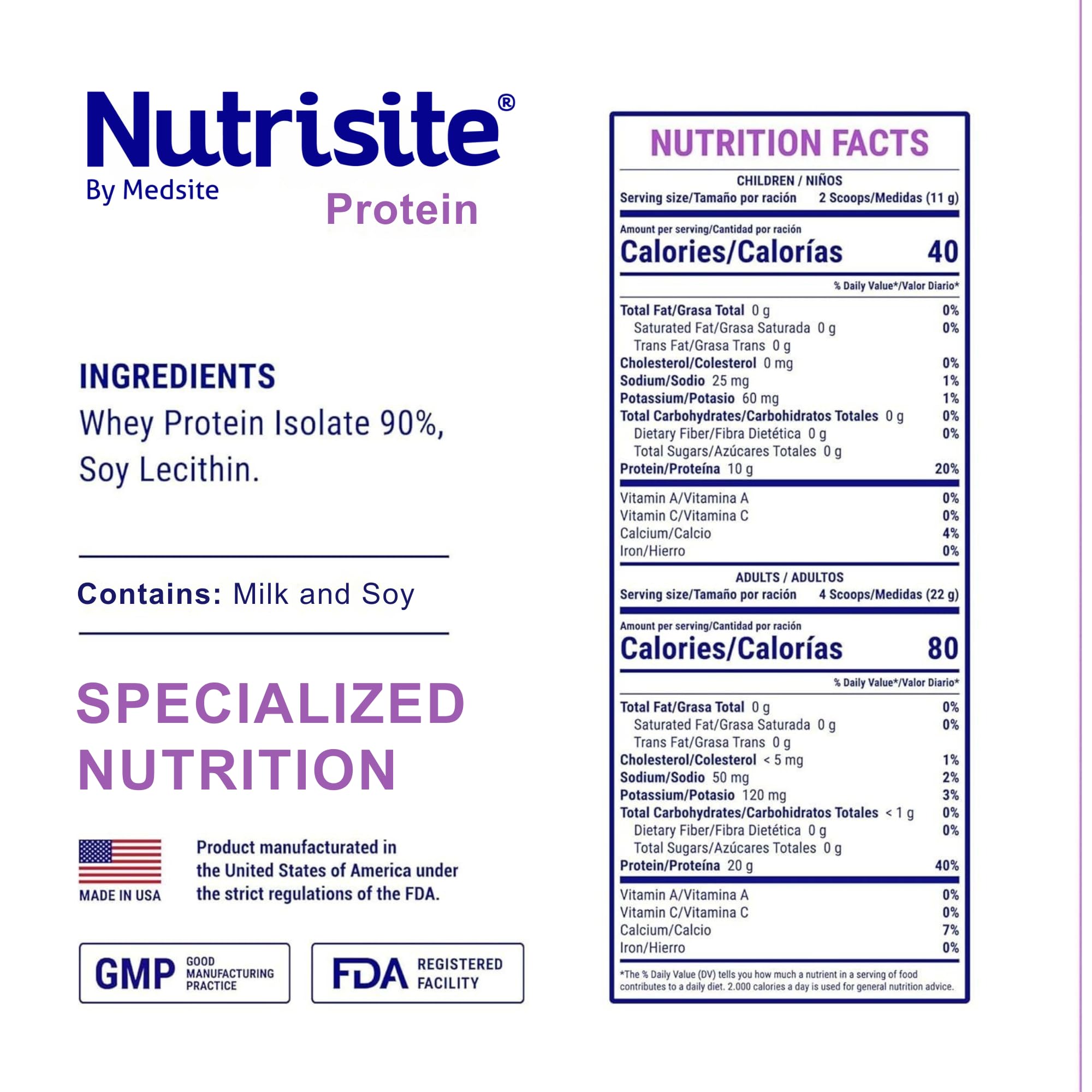 Medsite Nutrisite ingredients label highlights whey isolate and lecithin for clean nutrition