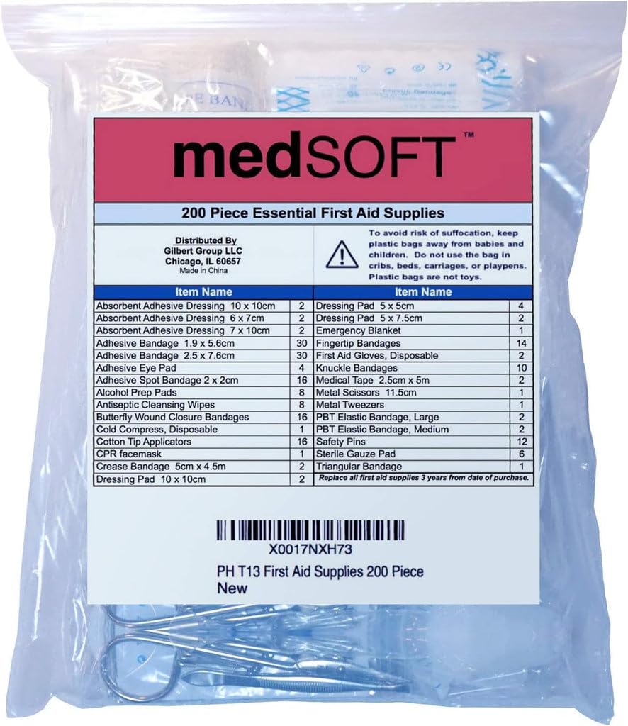 MedSoft 200-piece restock with bandages, wipes, and dressings for home, car, or office.
