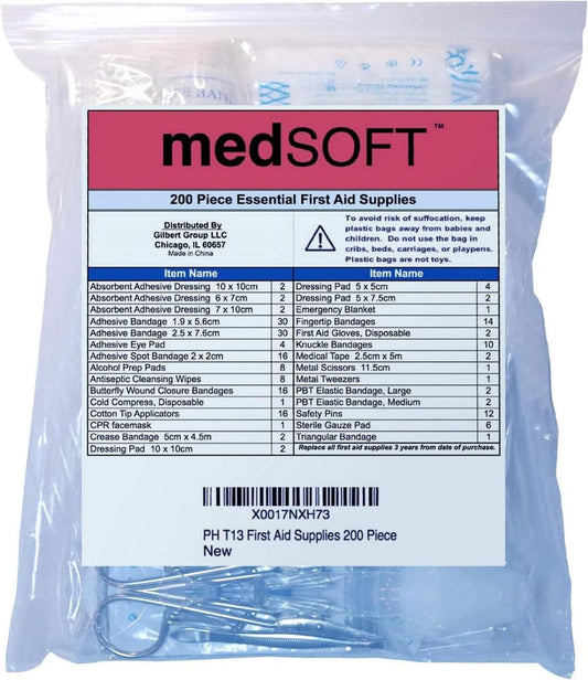 MedSoft 200-piece restock with bandages, wipes, and dressings for home, car, or office.
