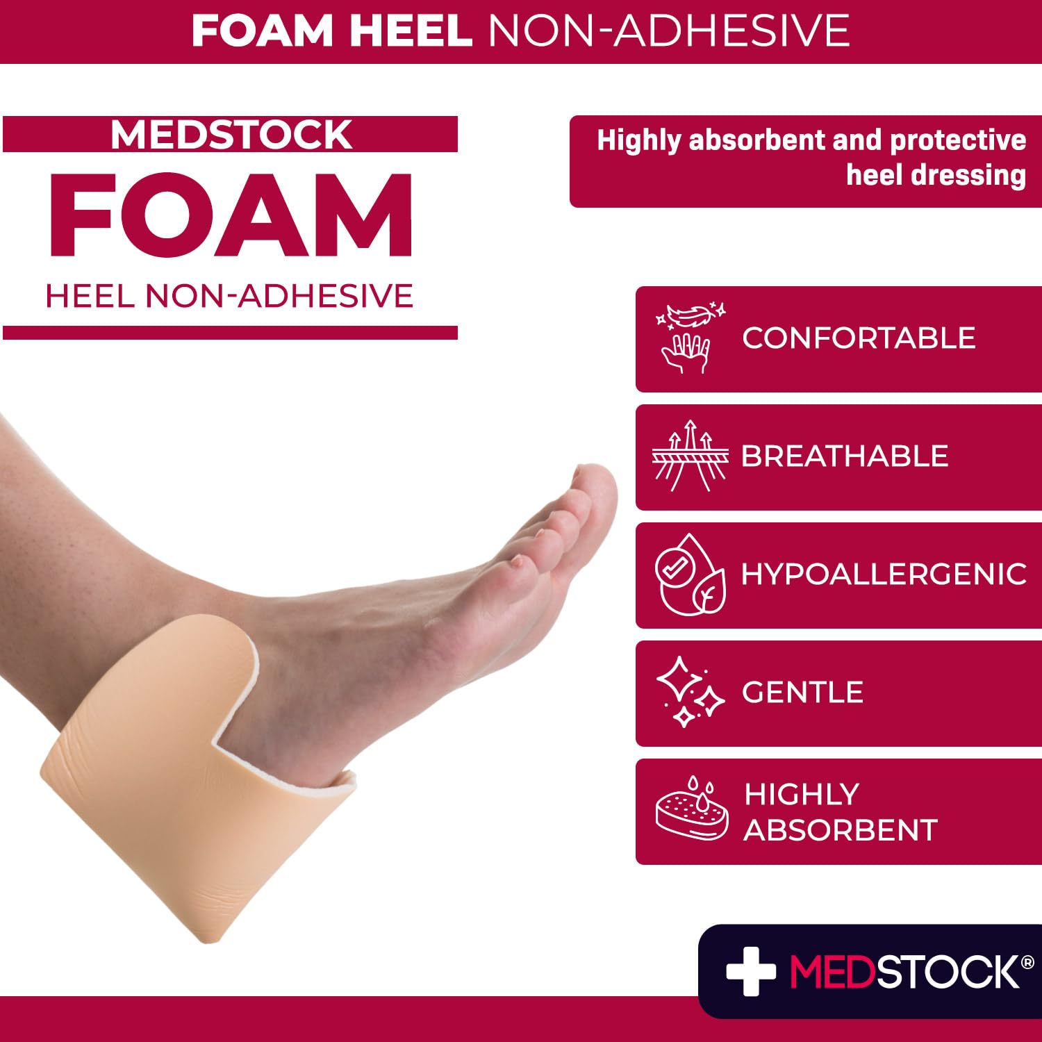 Close-up shows MEDSTOCK contoured heel-ankle fit for comfortable coverage.