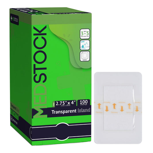 Medstock Transparent Island Dressing 2.75x4 inch provides breathable wound coverage for comfortable healing.