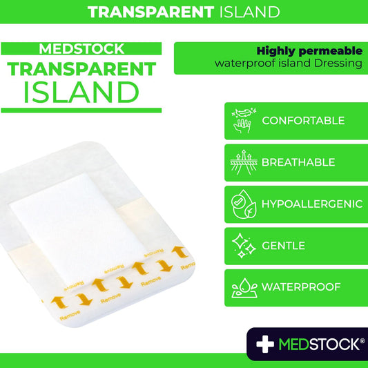 Medstock Transparent Island Dressing front view showing discreet adhesion