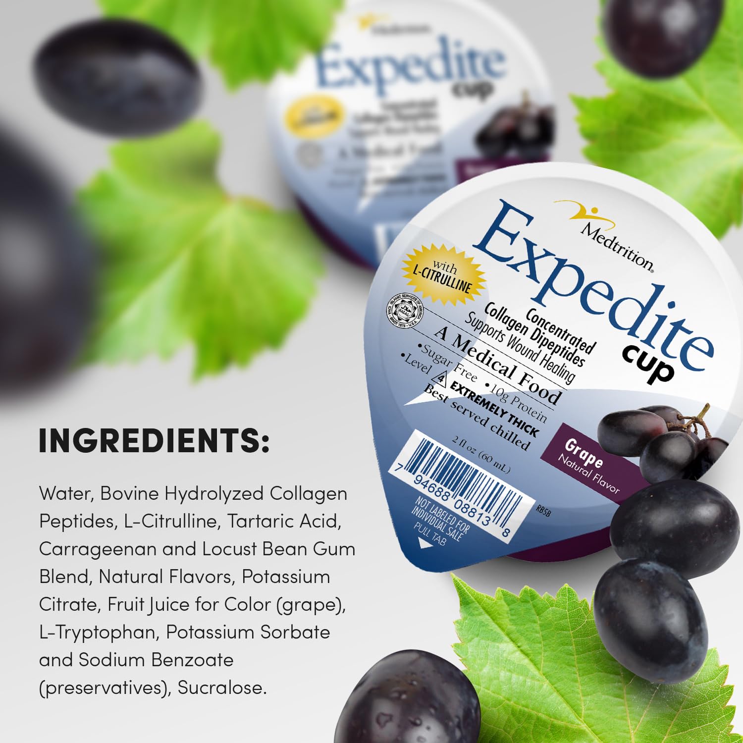 Medtrition Expedite Gelatein Cup grape flavor close-up designed for easy daily consumption