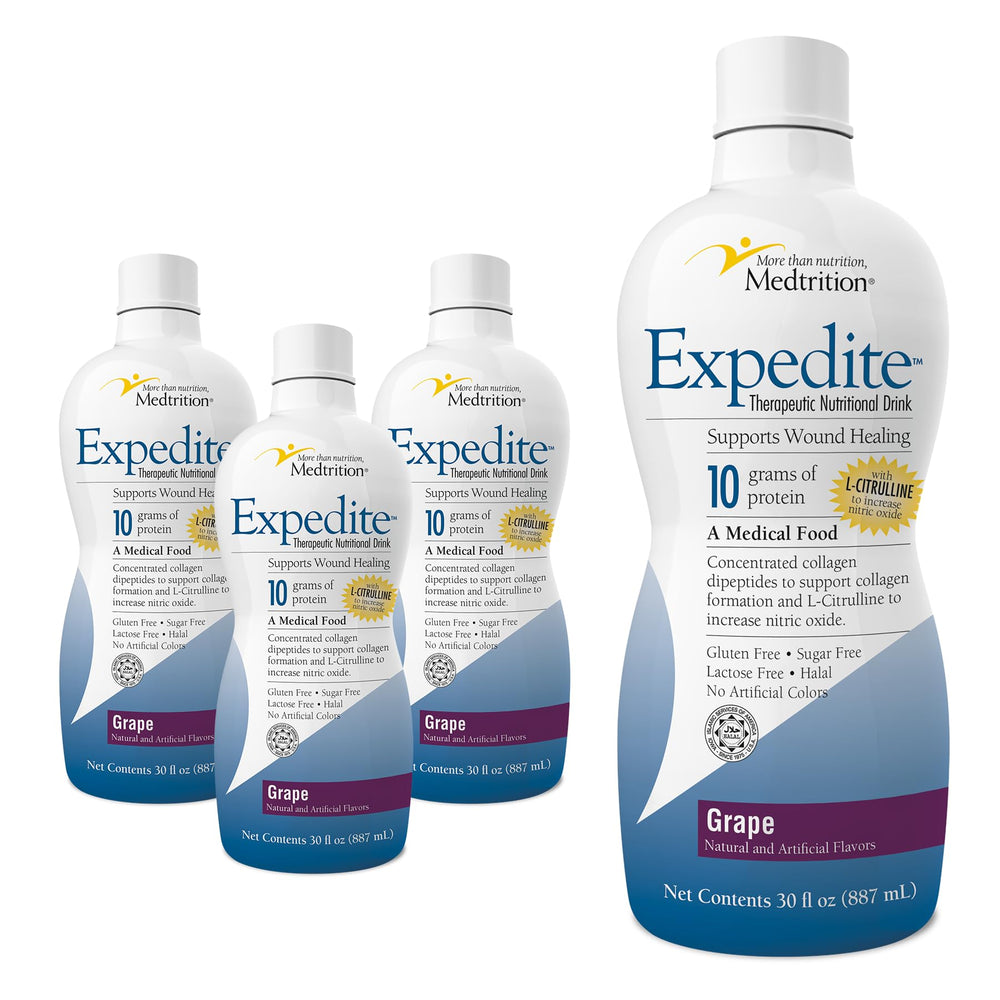 Medtrition Expedite liquid collagen bottle in a four-pack for post-surgery nutrition.
