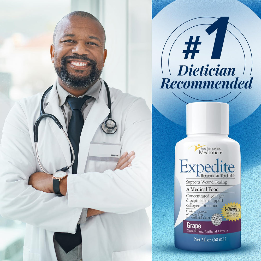 Medtrition Expedite Liquid Collagen grape label back with ingredients.