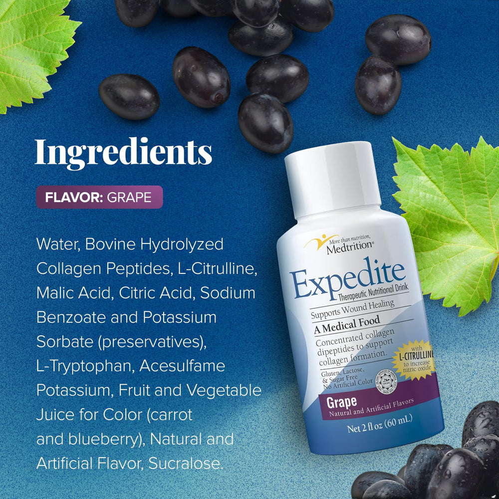 Medtrition Expedite Liquid Collagen grape serving, 10 g protein per serving for recovery.