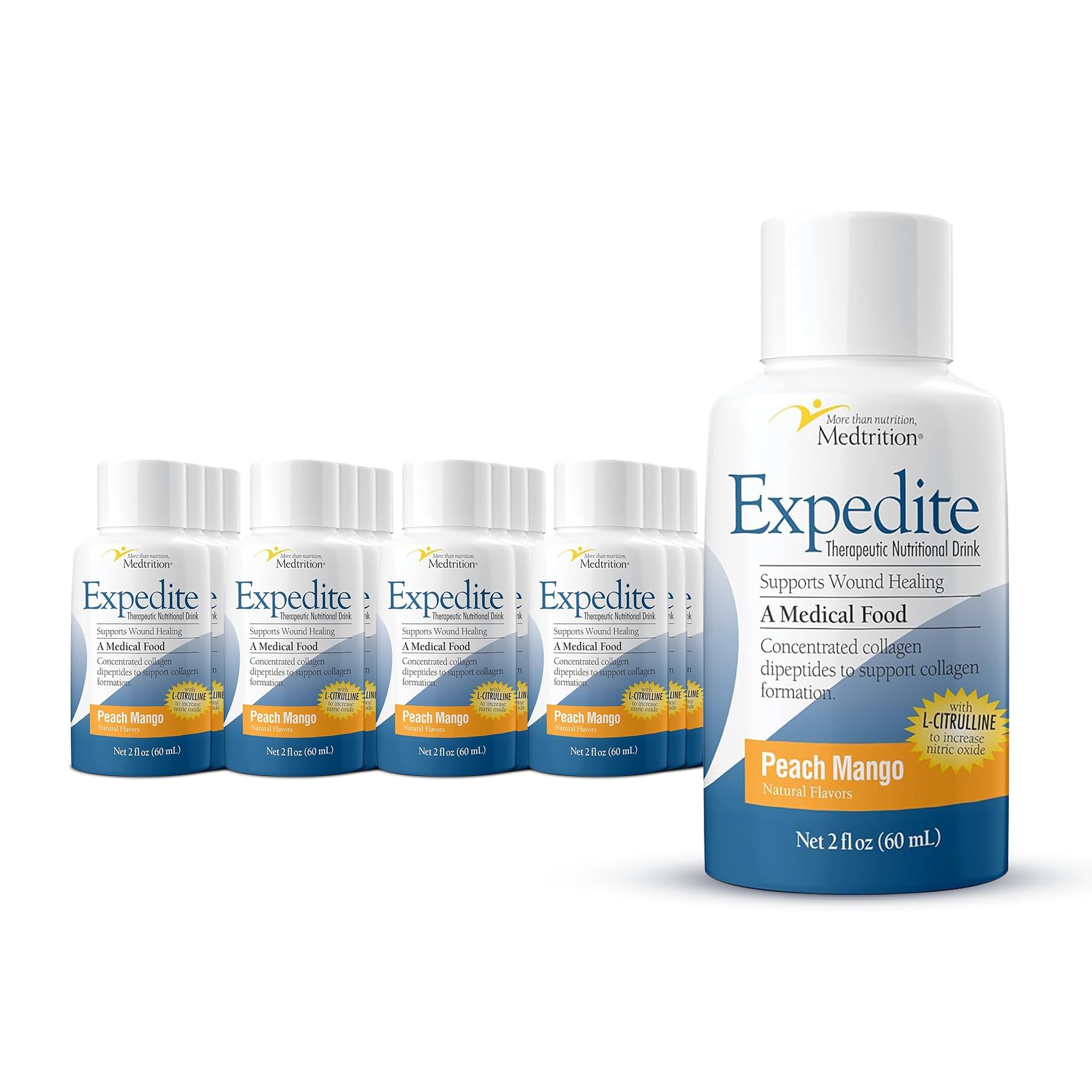 Medtrition Expedite peach mango liquid collagen 2oz bottle on kitchen counter for daily recovery use