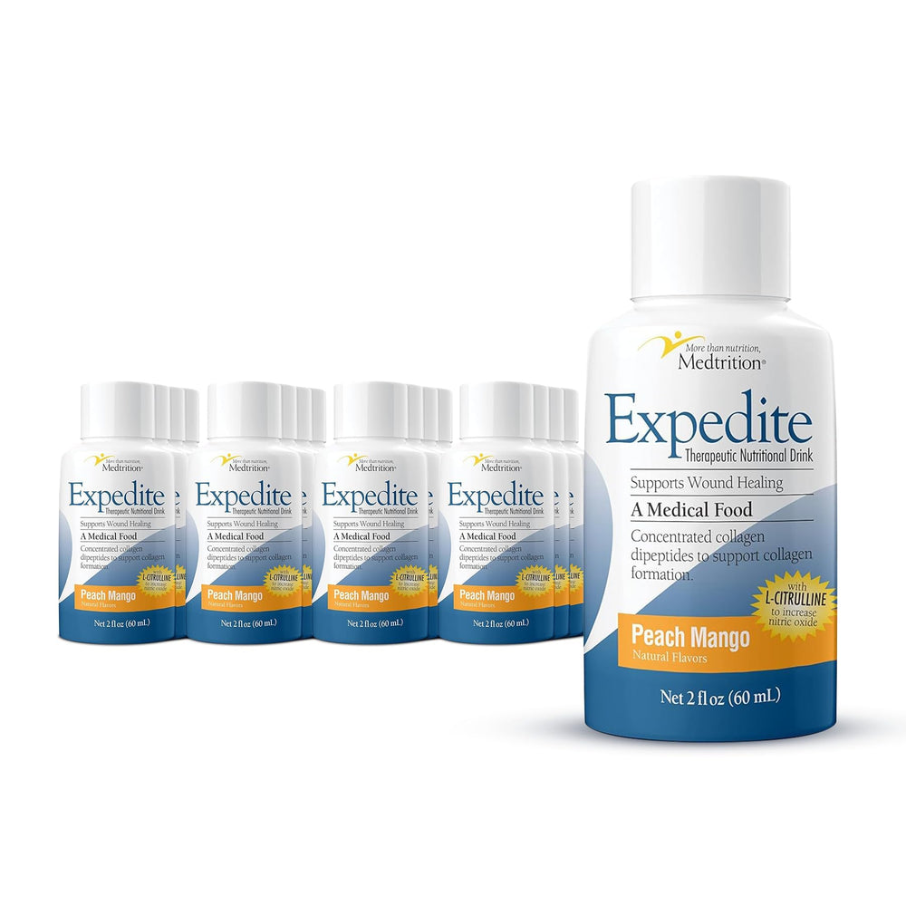 Medtrition Expedite peach mango liquid collagen 2oz bottle on kitchen counter for daily recovery use