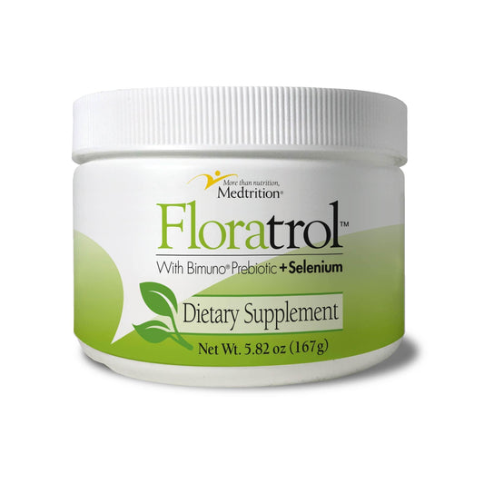 Medtrition Floratrol powder tub front promotes daily gut balance.