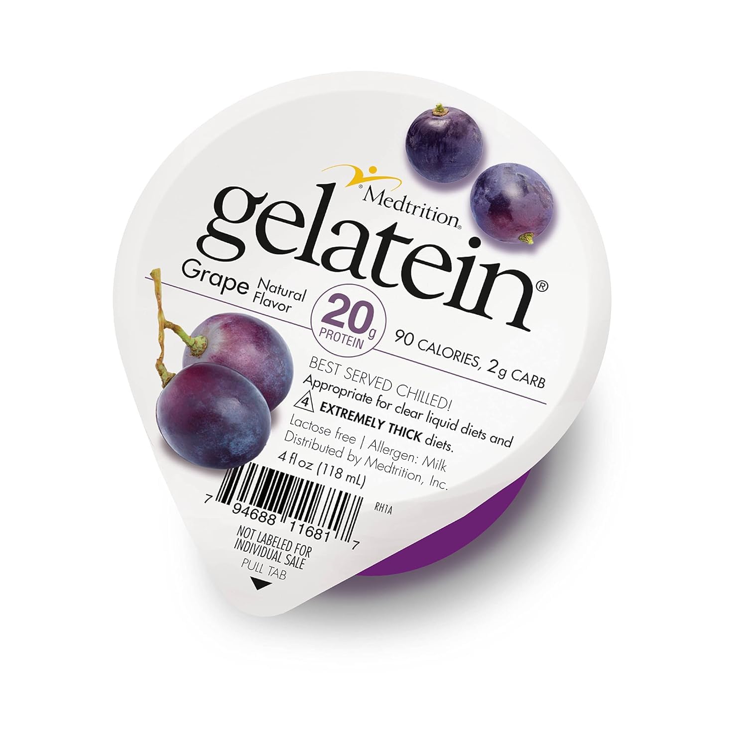 Medtrition Gelatein Grape bottle shows high protein per serving for specialized diets.
