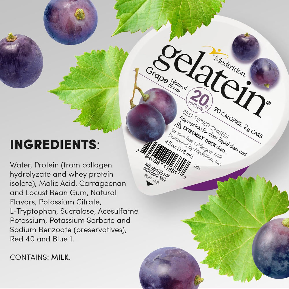 Medtrition Gelatein Grape pudding dish demonstrates thick texture suitable for swallowing.