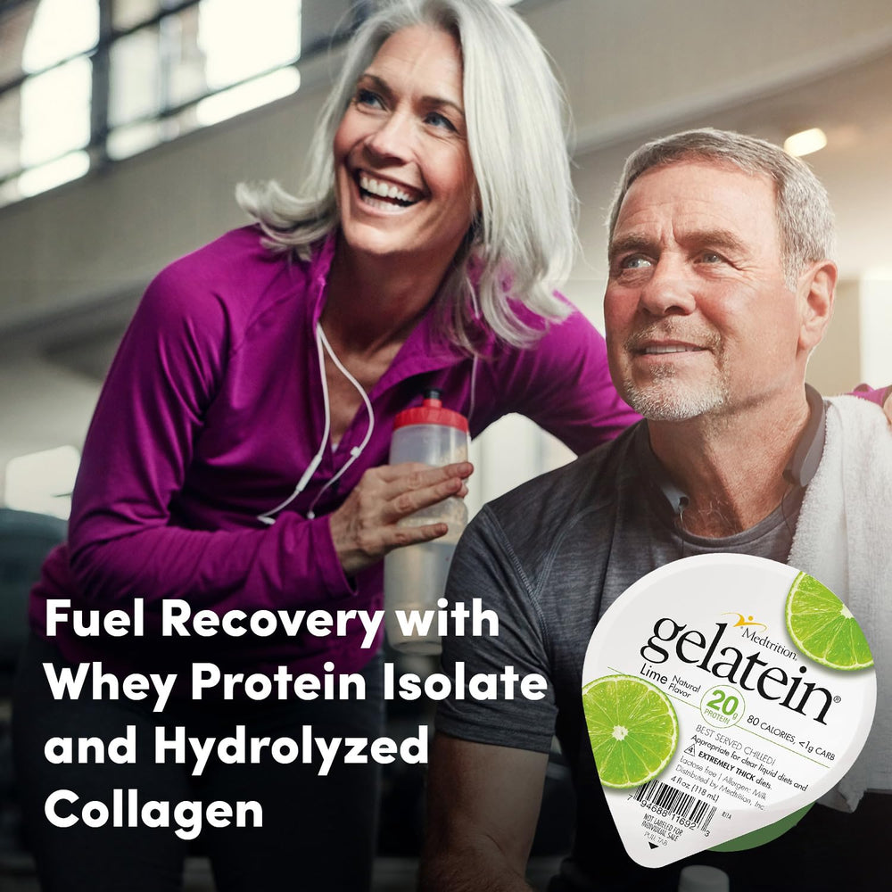 Close-up label detail emphasizes sugar-free and high-protein features.
