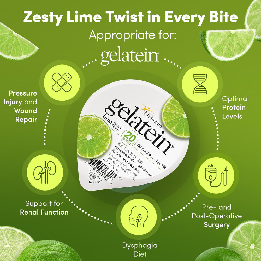 12-pack box of Medtrition Gelatein Lime highlights convenient multi-pack option.