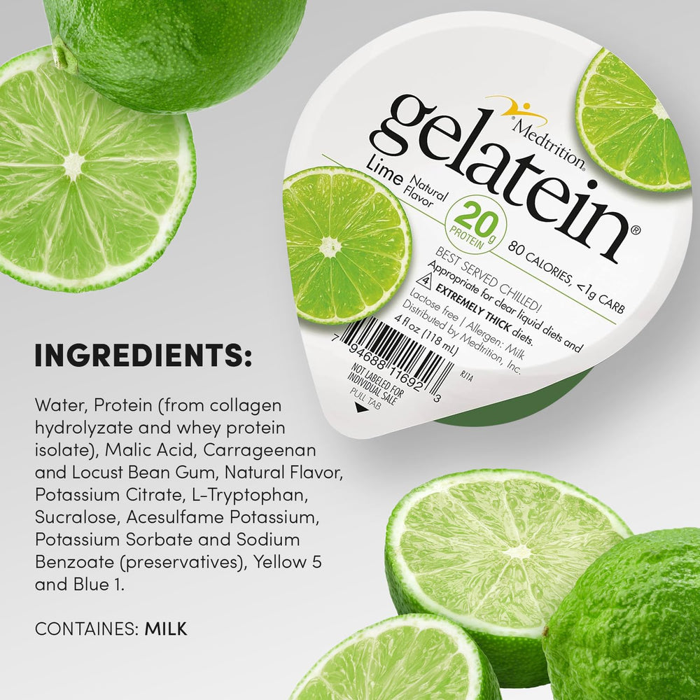 Serving cup of Gelatein Lime ready-to-consume snack with protein.