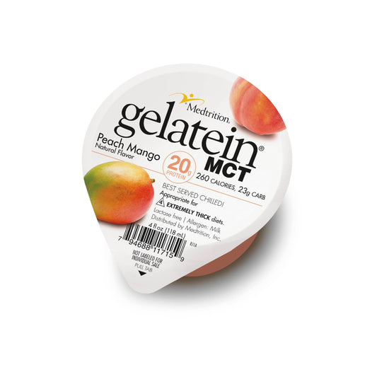 Medtrition Gelatein MCT Peach Mango cup offers high-protein, easy-to-swallow nutrition.