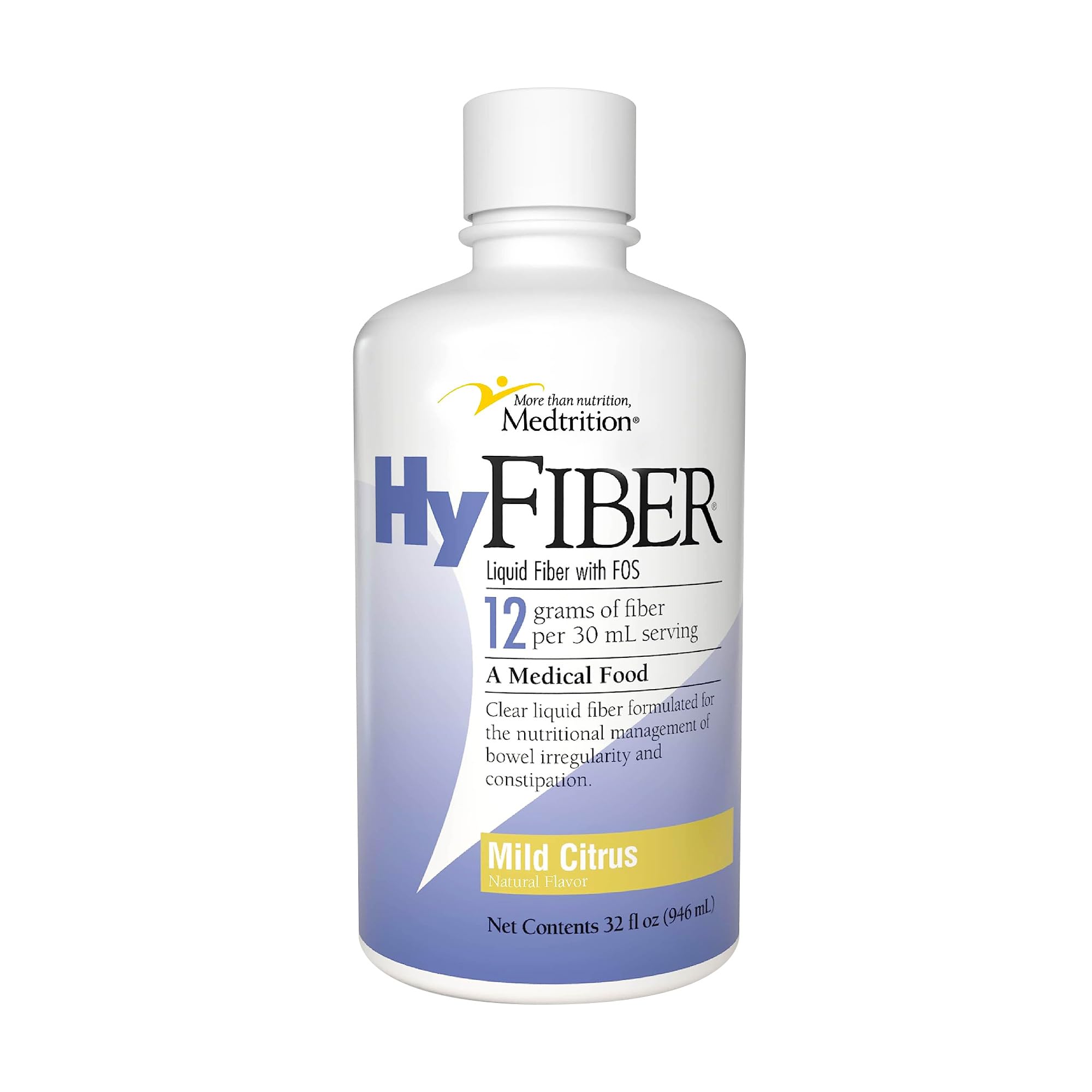 Medtrition HyFiber bottle front shows 32 oz size for daily fiber support.