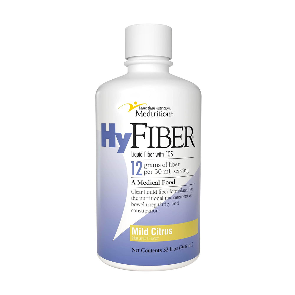 Medtrition HyFiber bottle front shows 32 oz size for daily fiber support.