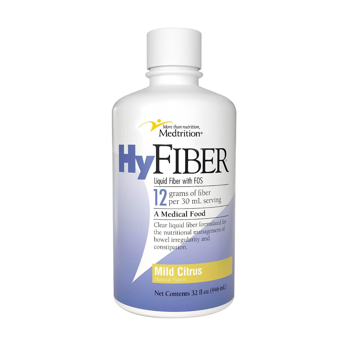 Medtrition HyFiber bottle front shows 32 oz size for daily fiber support.