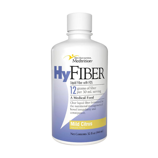 Medtrition HyFiber bottle front shows 32 oz size for daily fiber support.