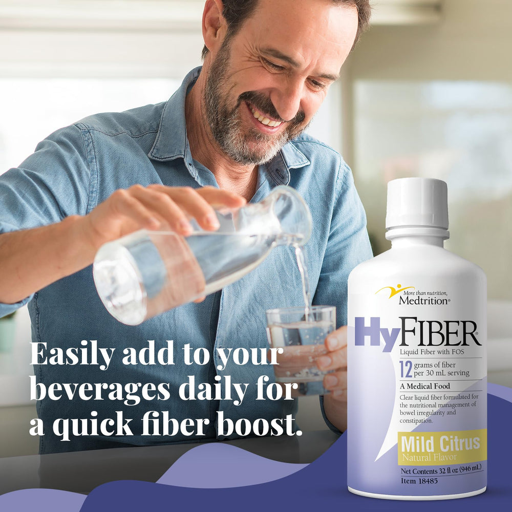 Medtrition HyFiber bottle highlights lactose-free gluten-free attributes.