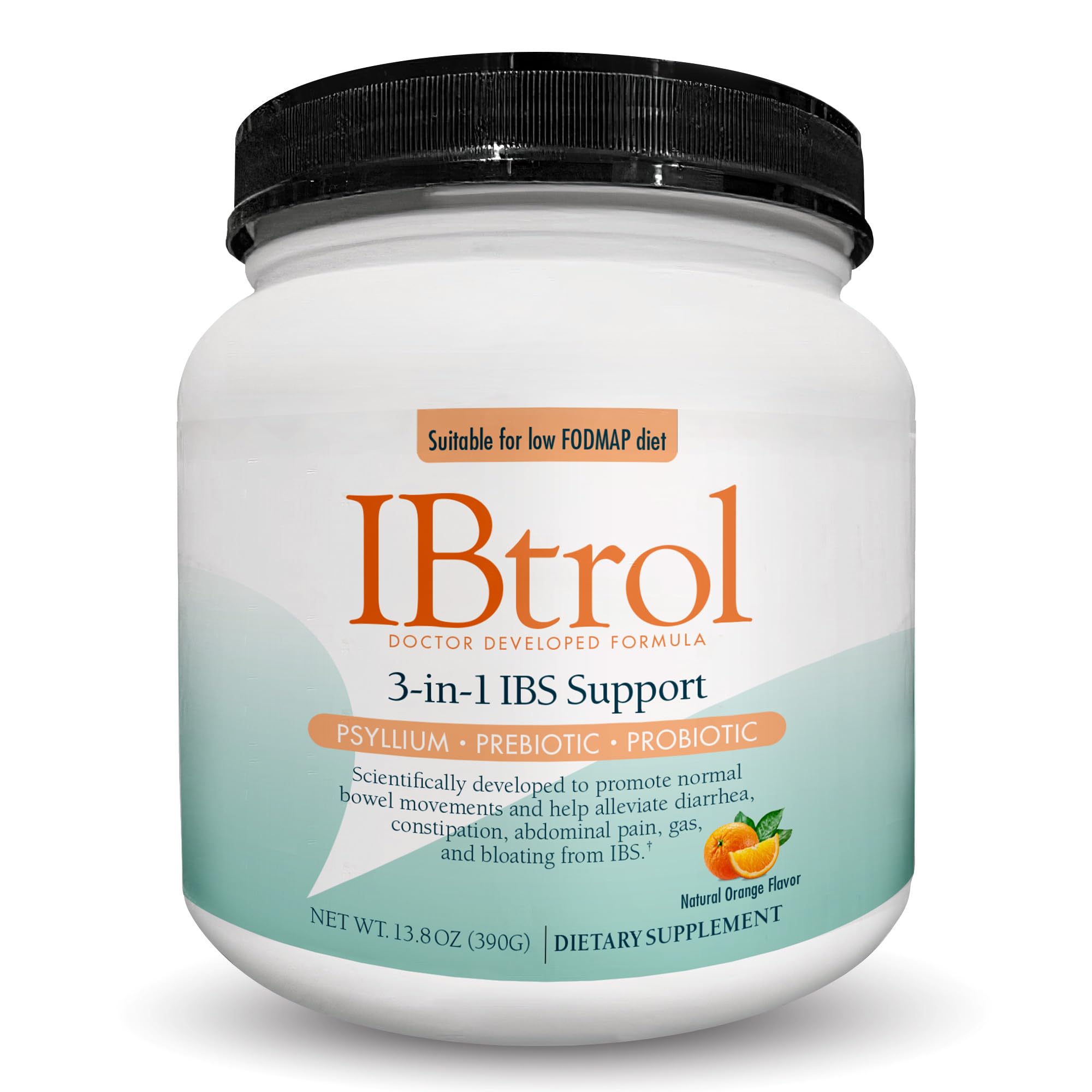 Medtrition IBtrol bottle label showing triple-therapy IBS support for daily comfort.