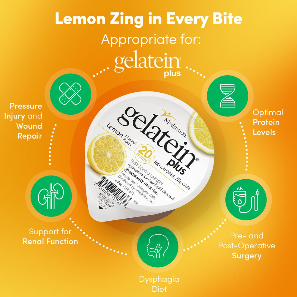 Medtrition ProSource Gelatein Plus Lemon glass highlighting refreshing lemon flavor.
