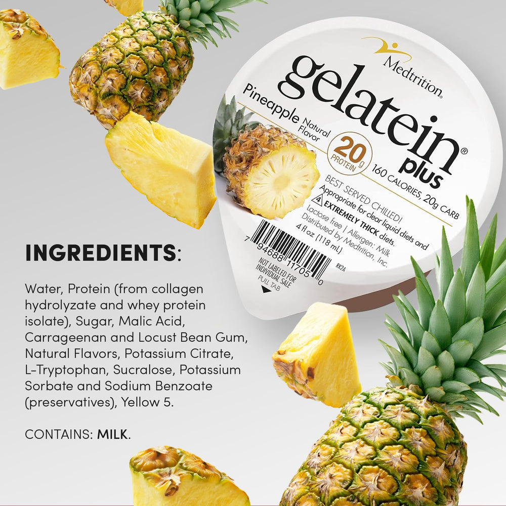 Pouring Medtrition Gelatein Plus Pineapple into a glass for easy intake
