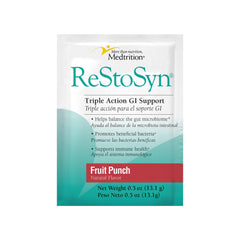 Medtrition ReStoSyn bottle label showing triple-action gut health formula.